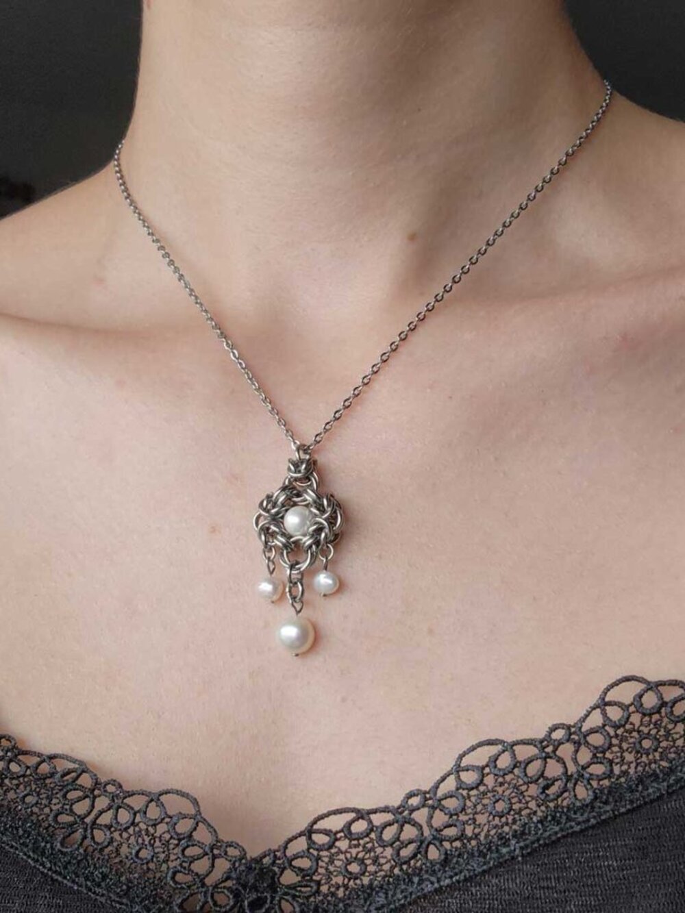 Victorian Gothic silver and pearl necklace with a small silver chain